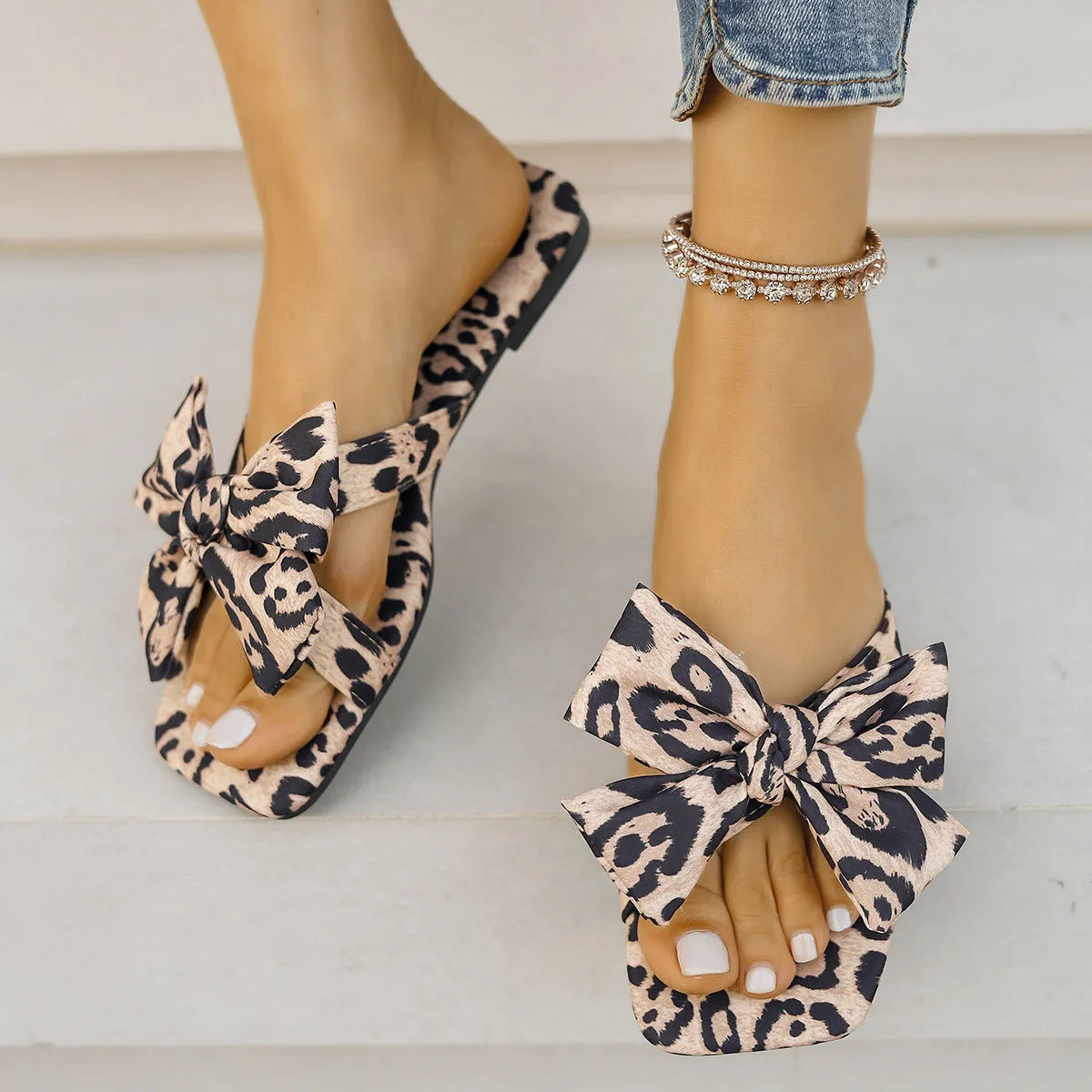 Women's leopard print square toe sandals with bow detail and cloth upper
