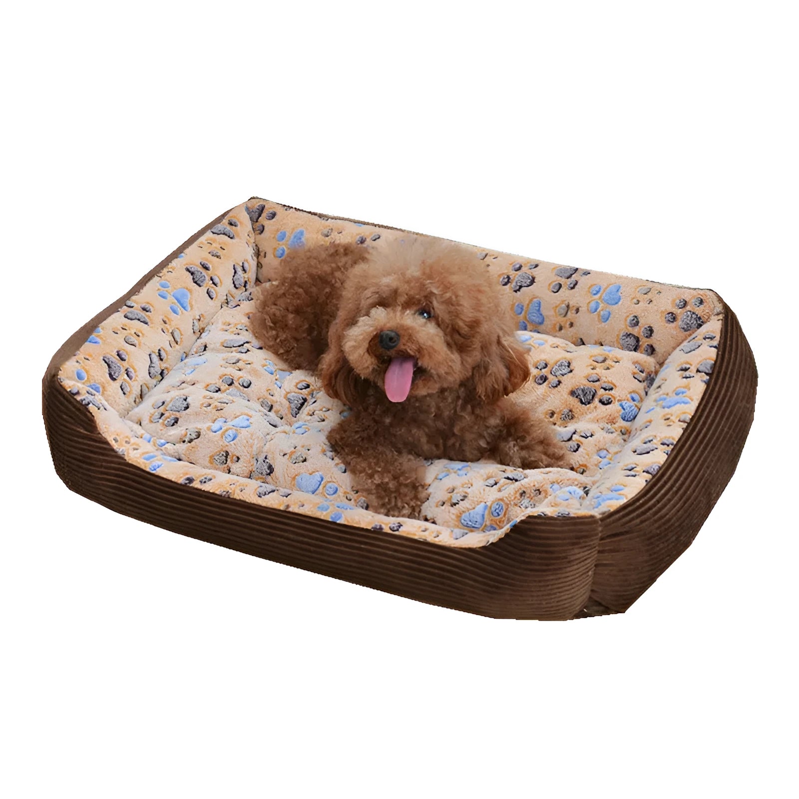 Beige sofa-style dog bed with plush fabric and raised bolsters for small dogs