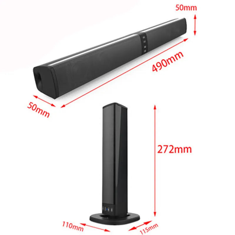Black foldable split TV Bluetooth speaker system showing two plastic speakers with dimensions 490mm x 50mm x 50mm