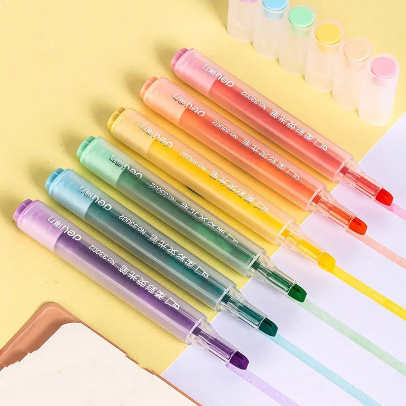 Deli S605 oblique tip highlighter marker pens in Macaron colours with transparent pen holders