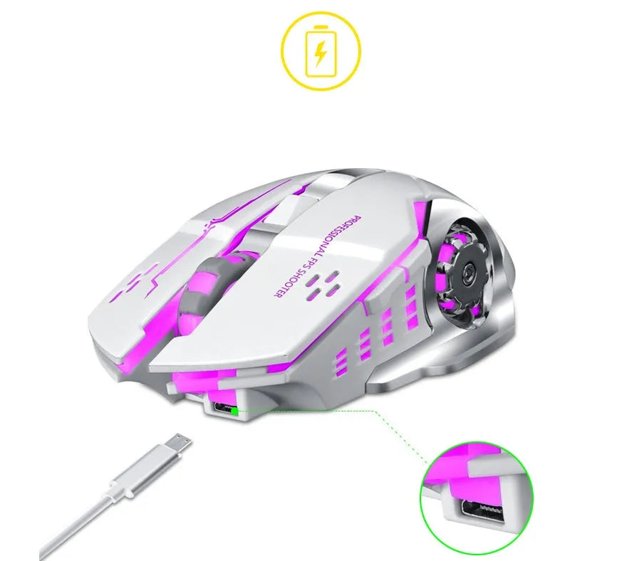 Wireless silent click mouse with 6 programmable keys showing black and white colour options