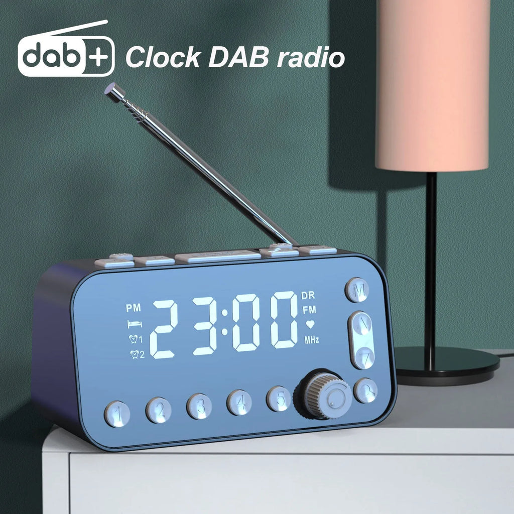 Black DAB bedside alarm clock with large LED display, USB charging ports, and pig tail antenna
