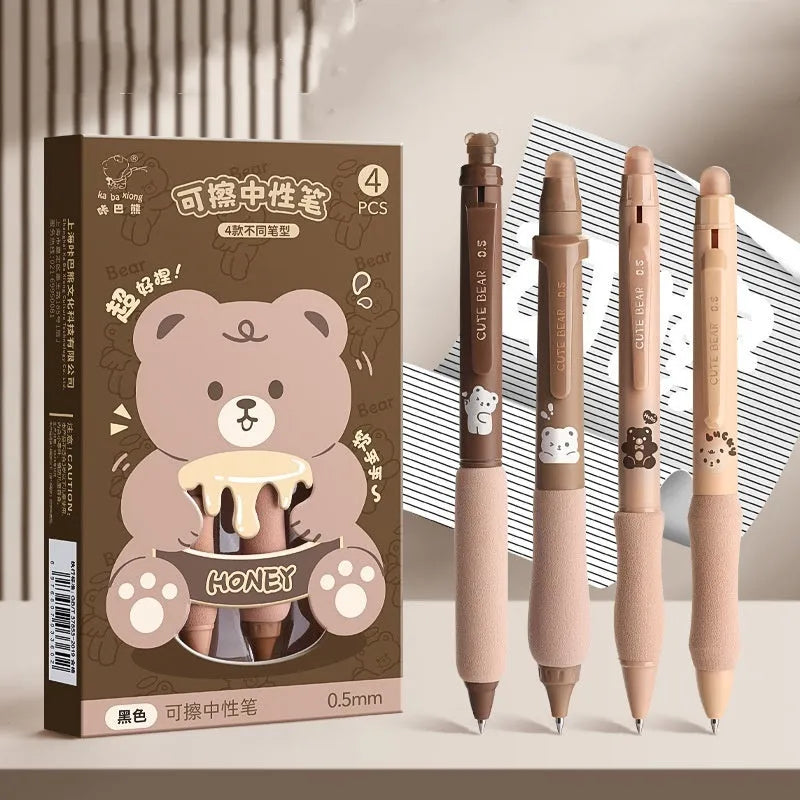 Cartoon-designed plastic gel pen with 0.5mm tip and erasable ink in black or blue.