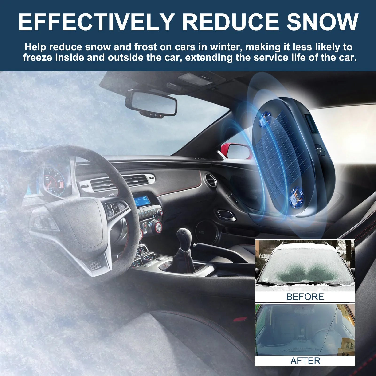 Compact car windscreen anti-freezing tool with adhesive tape and rotary switch