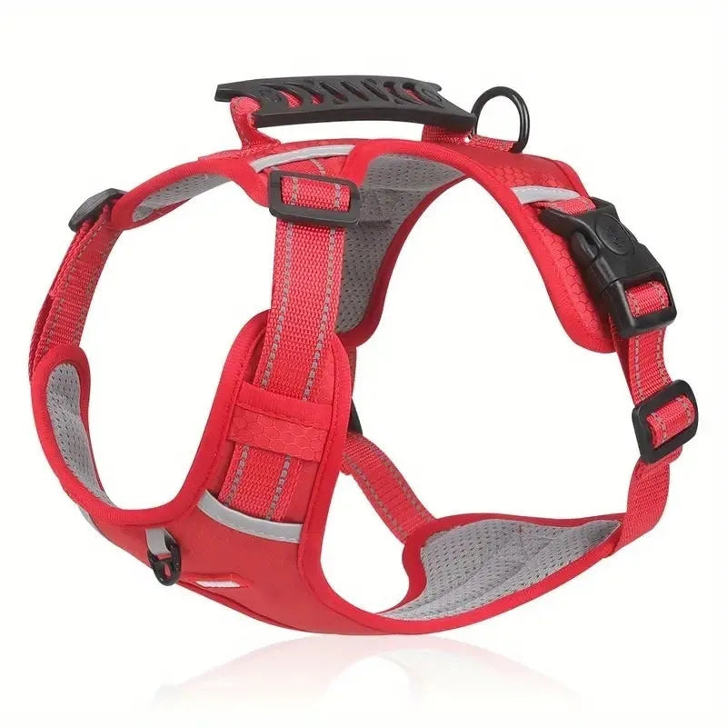 A black adjustable dog harness with a front chest D-ring, shown on a dog, demonstrating even strap placement.
