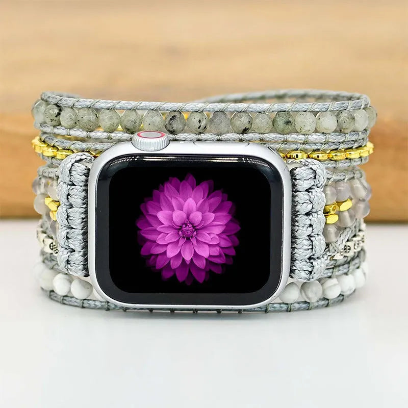 Natural stone beaded crystal watch band with bohemian styling and three adjustment holes for 38-41mm or 42-45mm lug widths