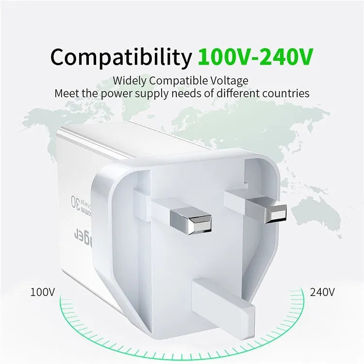 Three-port USB fast charge 30W QC3.0 mobile phone charger in white with EU plug