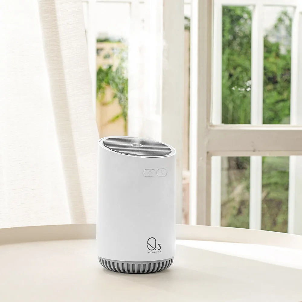 Mini aromatherapy car humidifier Q3 in white, pink, and grey with 320ml tank