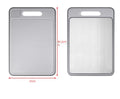 Grey square aluminium kitchen chopping board with double cutting sides, defrosting function and built-in knife sharpener