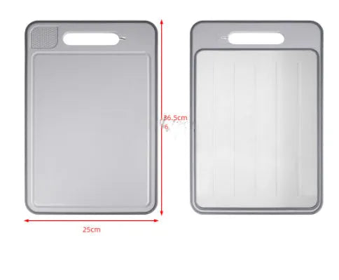 Grey square aluminium kitchen chopping board with double cutting sides, defrosting function and built-in knife sharpener