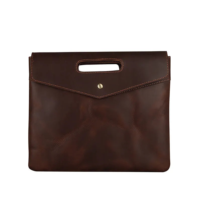 Genuine leather vintage business briefcase in brown envelope style with soft handle