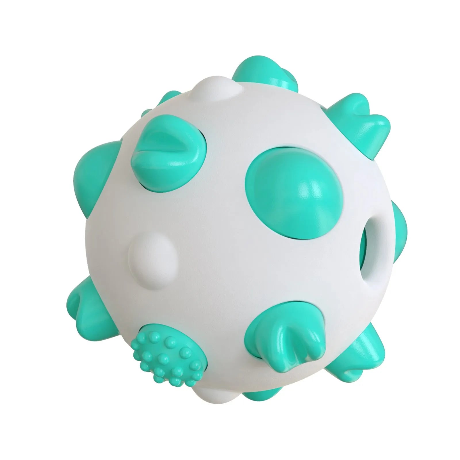 Blue green and yellow nylon dog teething chew ball with textured bumps and hollow treat-dispensing centre.