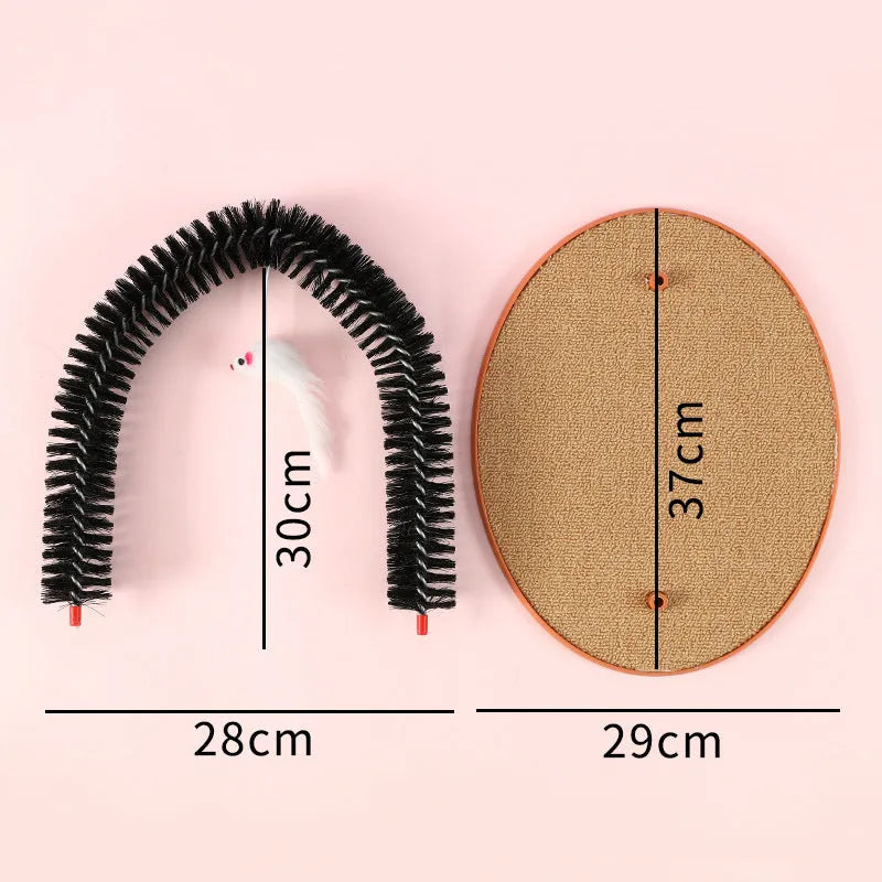 Black arch-shaped cat grooming brush with scratching surface and attached plush mouse toy on non-slip base