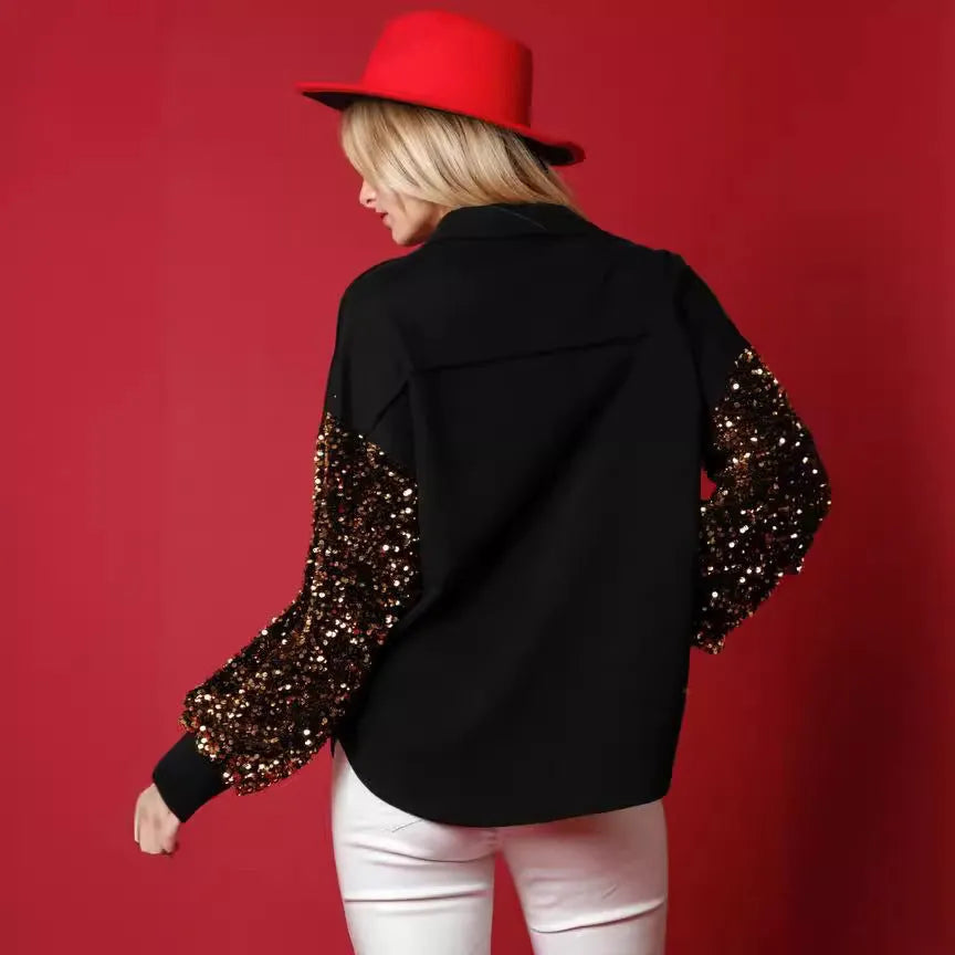 Women's black fleece shirt with Santa Claus pattern, sequined sleeves, and button front, sizes S-XXL