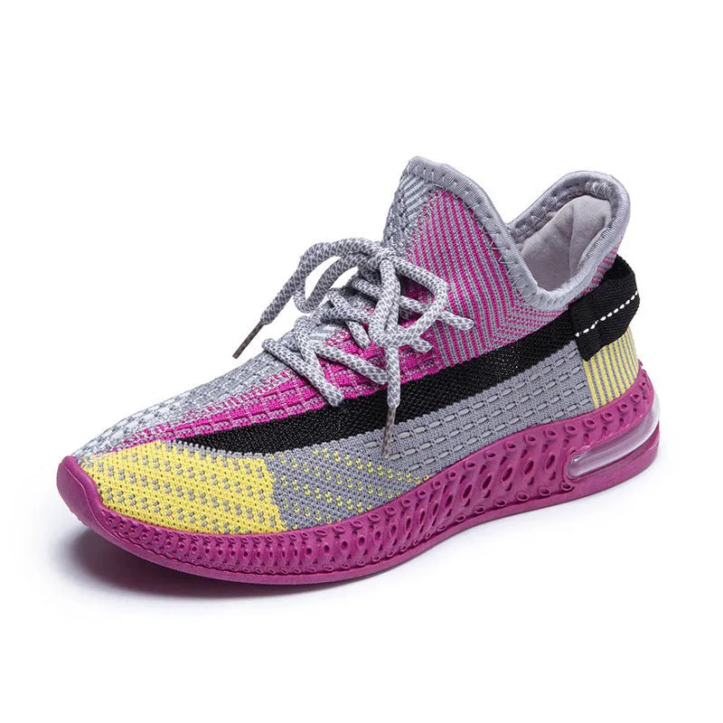 Women's lightweight casual running shoes in purple, black, or orange with plastic sole and lace-up front.