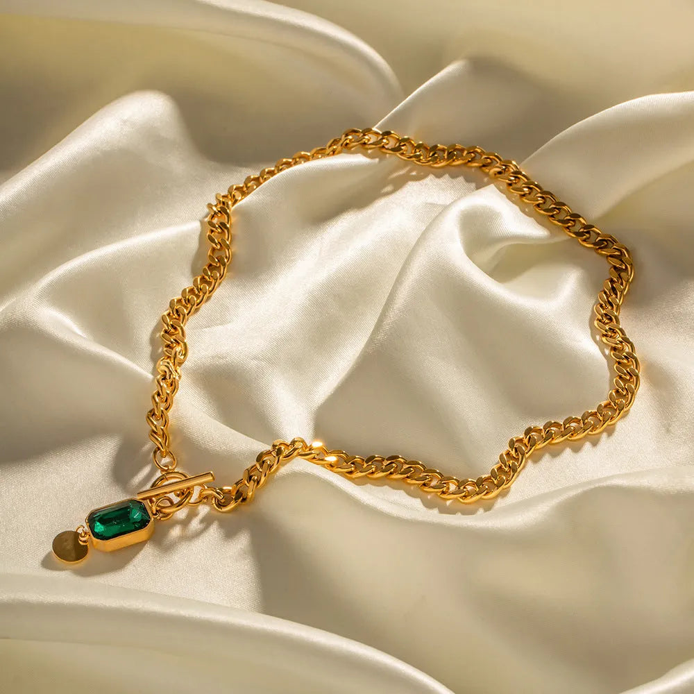 Gold titanium steel necklace with emerald zircon pendant and Cuban link chain