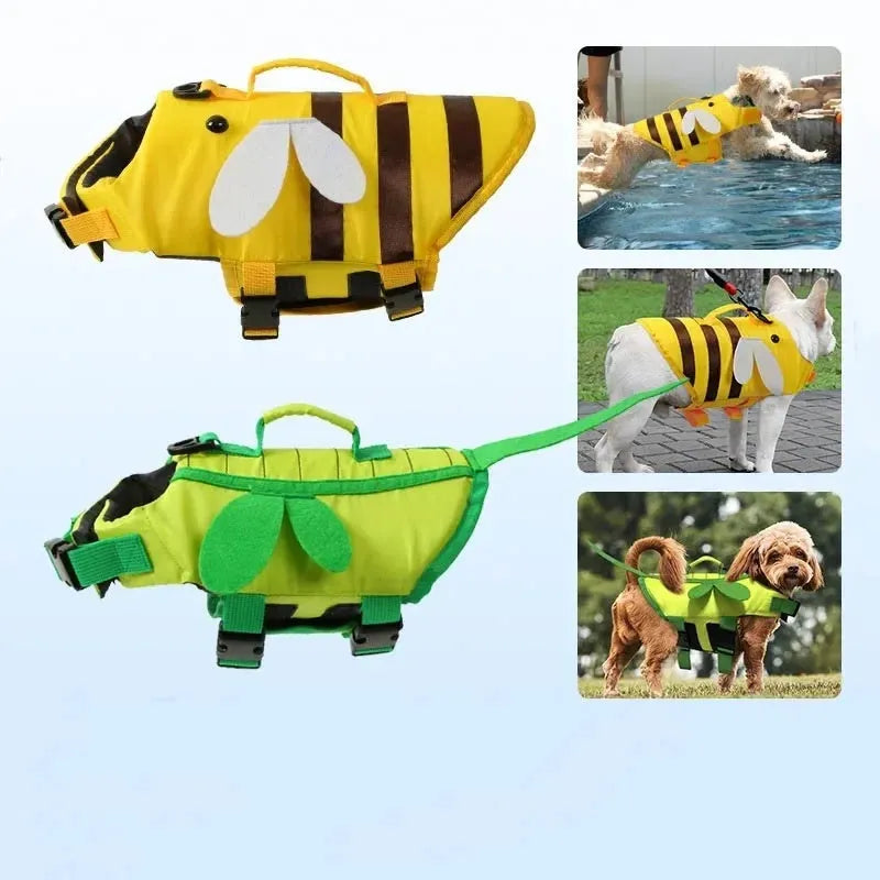 Green dog life vest with reflective strips and adjustable straps for summer water safety