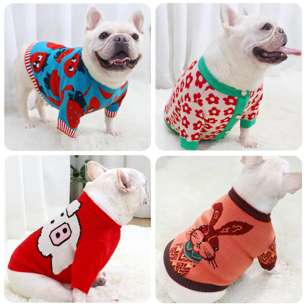 Cartoon print wool dog sweater for small medium dogs in rabbit, pig, strawberry and floral designs.