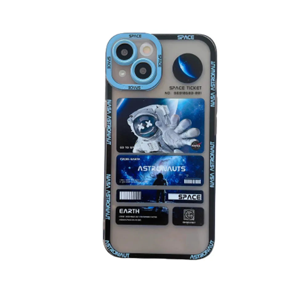 Blue and black graffiti space astronaut design on a silicone iPhone case for iPhone 13.