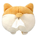Yellow corgi butt shaped car tissue box cover with elastic strap for sun visor mounting.