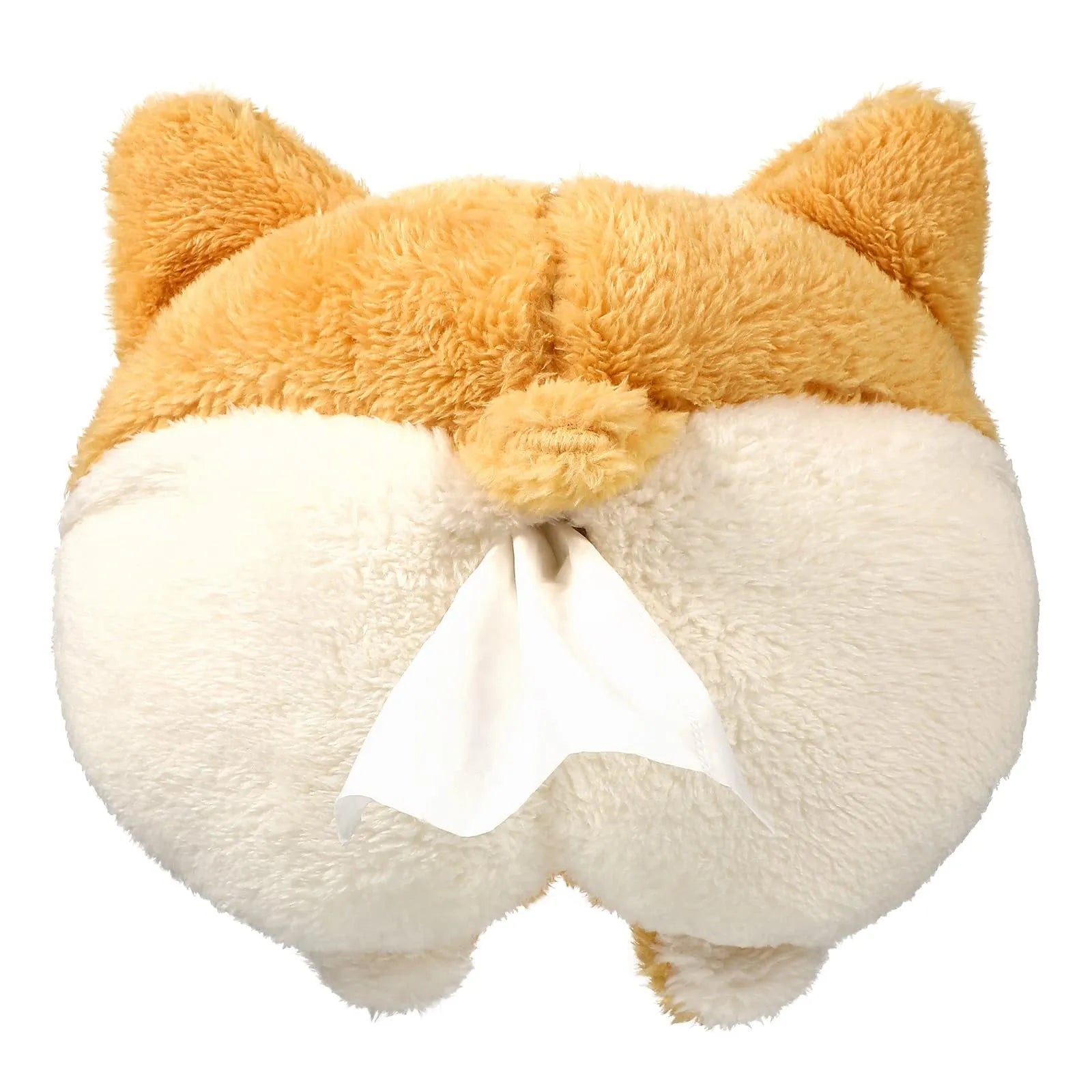 Yellow corgi butt shaped car tissue box cover with elastic strap for sun visor mounting.