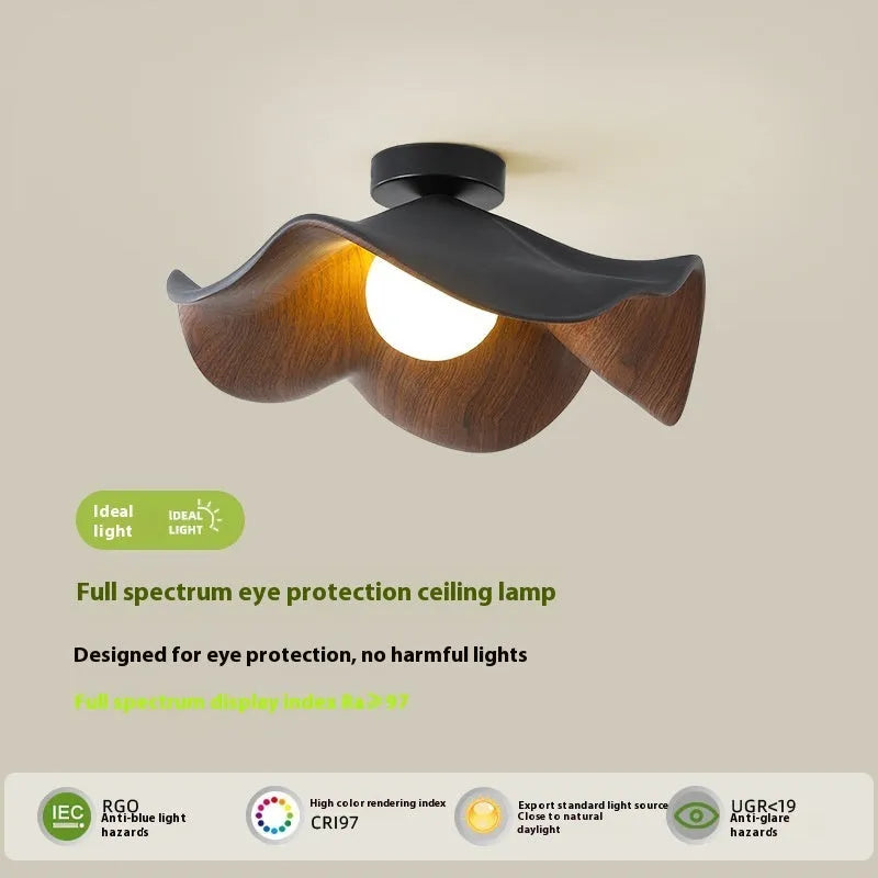 Modern minimalist walnut grain ceiling lamp with full spectrum eye protection, 28cm diameter, for bedroom or study