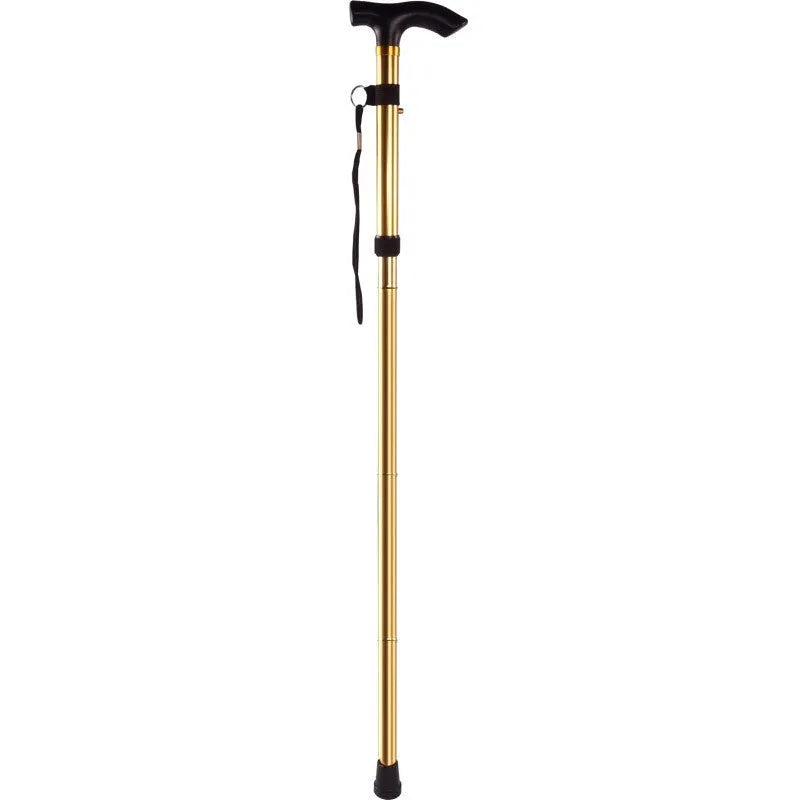 Aluminium folding walking cane extended to show adjustable height and non-slip handle.
