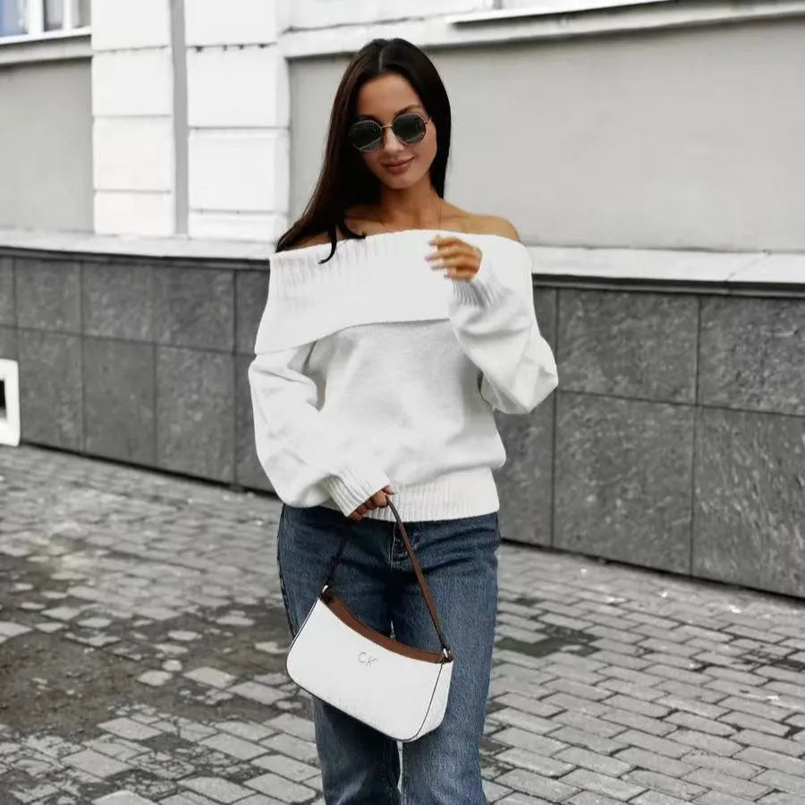 Grey off-the-shoulder acrylic sweater with strapless design and 3D pattern texture