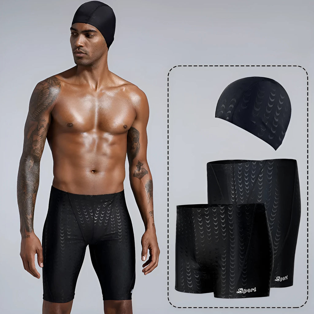 Men's solid colour swimming trunks in waterproof shark skin polyester fabric, shown in larger sizes.