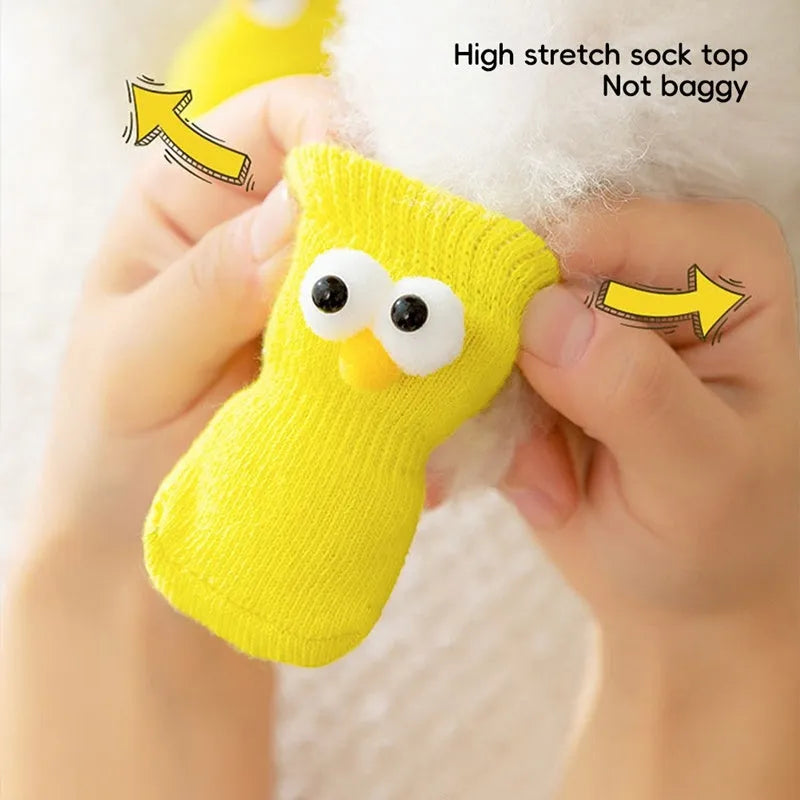 Cartoon big-eyes dog socks with anti-slip particles, cotton blend, green grey purple yellow, sizes S M L