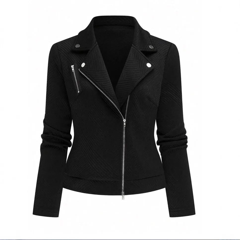 Women's black polyester casual jacket with oblique zipper fastener decoration, long sleeves, loose fit, sizes S to XL