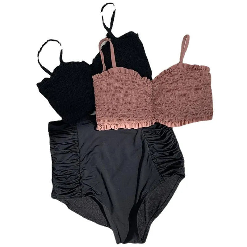 Women's retro high waist split bikini in cameo brown or black, briefs style.
