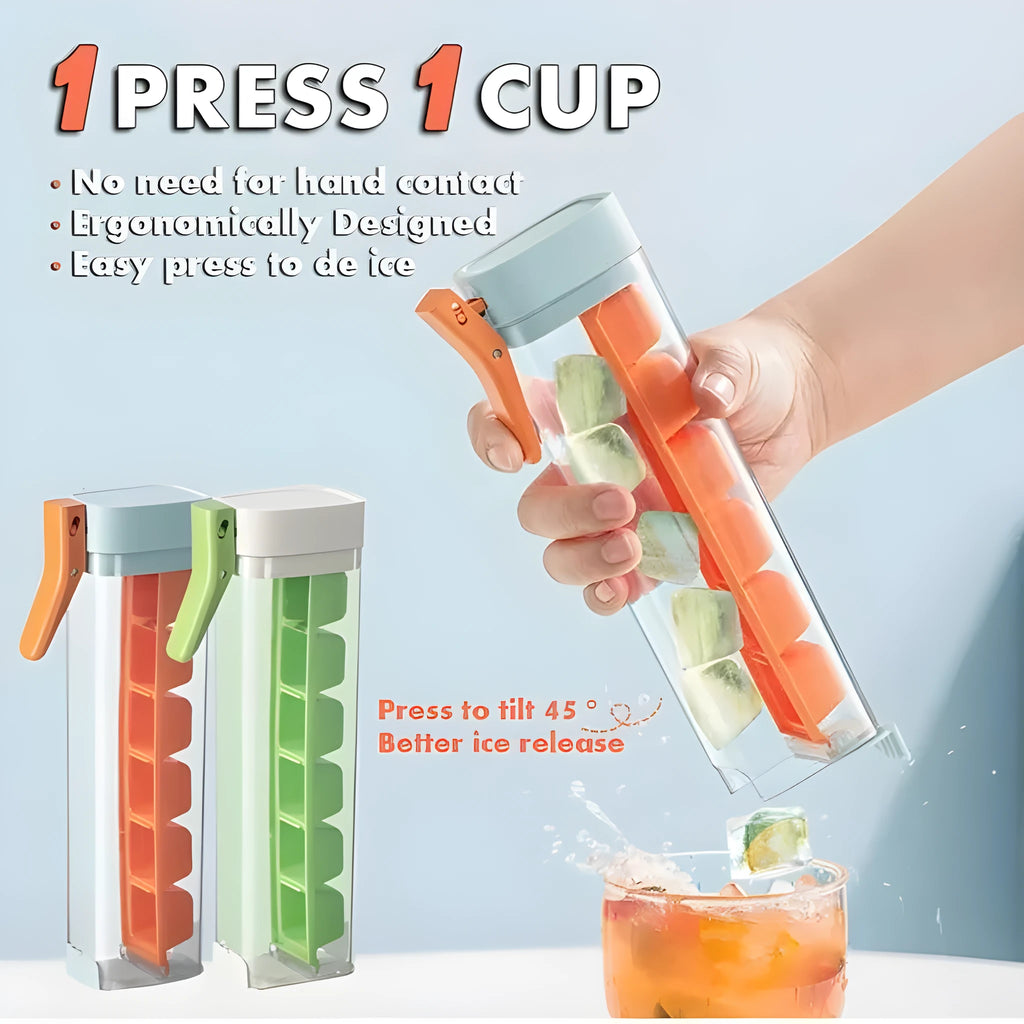 Food-grade plastic ice tray with press-release mechanism and storage box in Maldives blue colour.