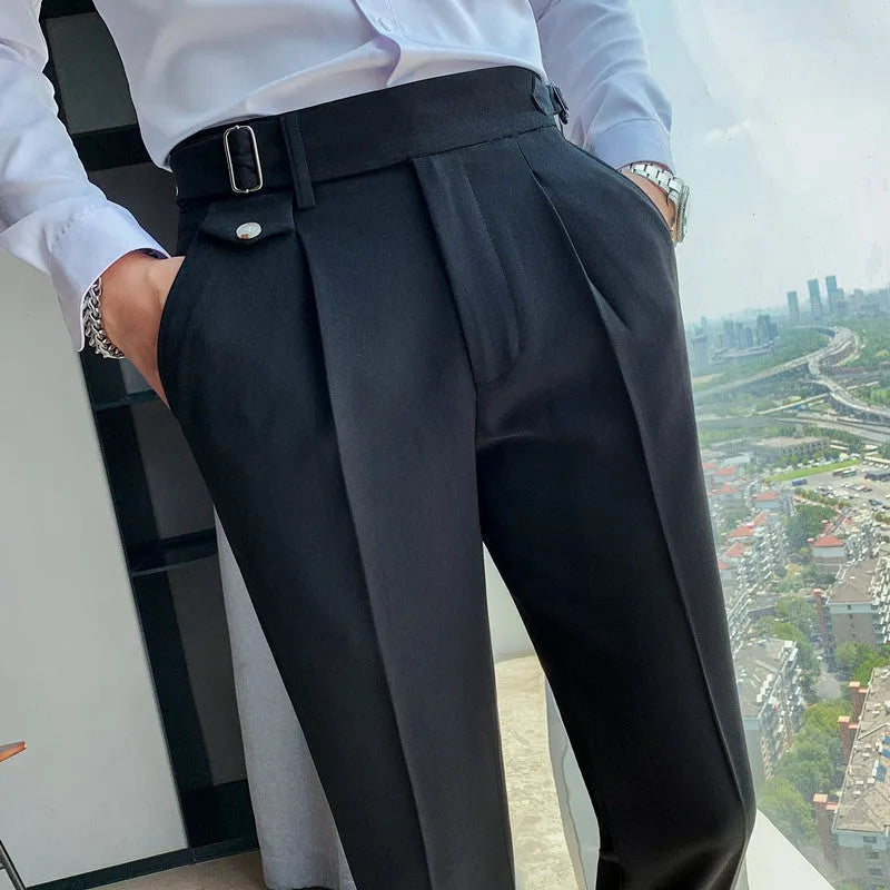 Straight-leg casual trousers in polyester fabric shown in a solid colour on a model.