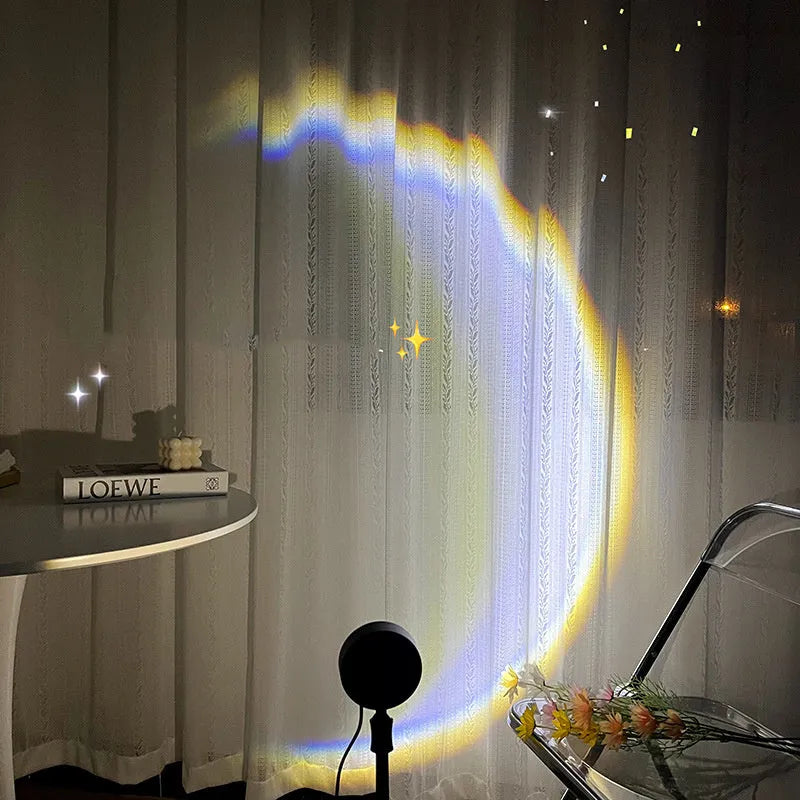 INS USB moon lamp LED rainbow neon night sunset light with 360° rotation on a bedside table