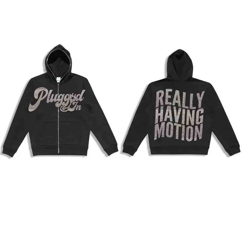 Men's black loose fit hoodie cardigan with letter print and rhinestone detail, zip-up polyester sweater