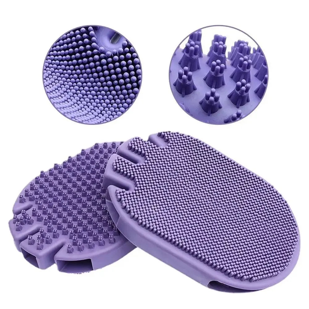 Purple TPR pet shampoo brush with ergonomic handle and soft bristles for dog and cat grooming