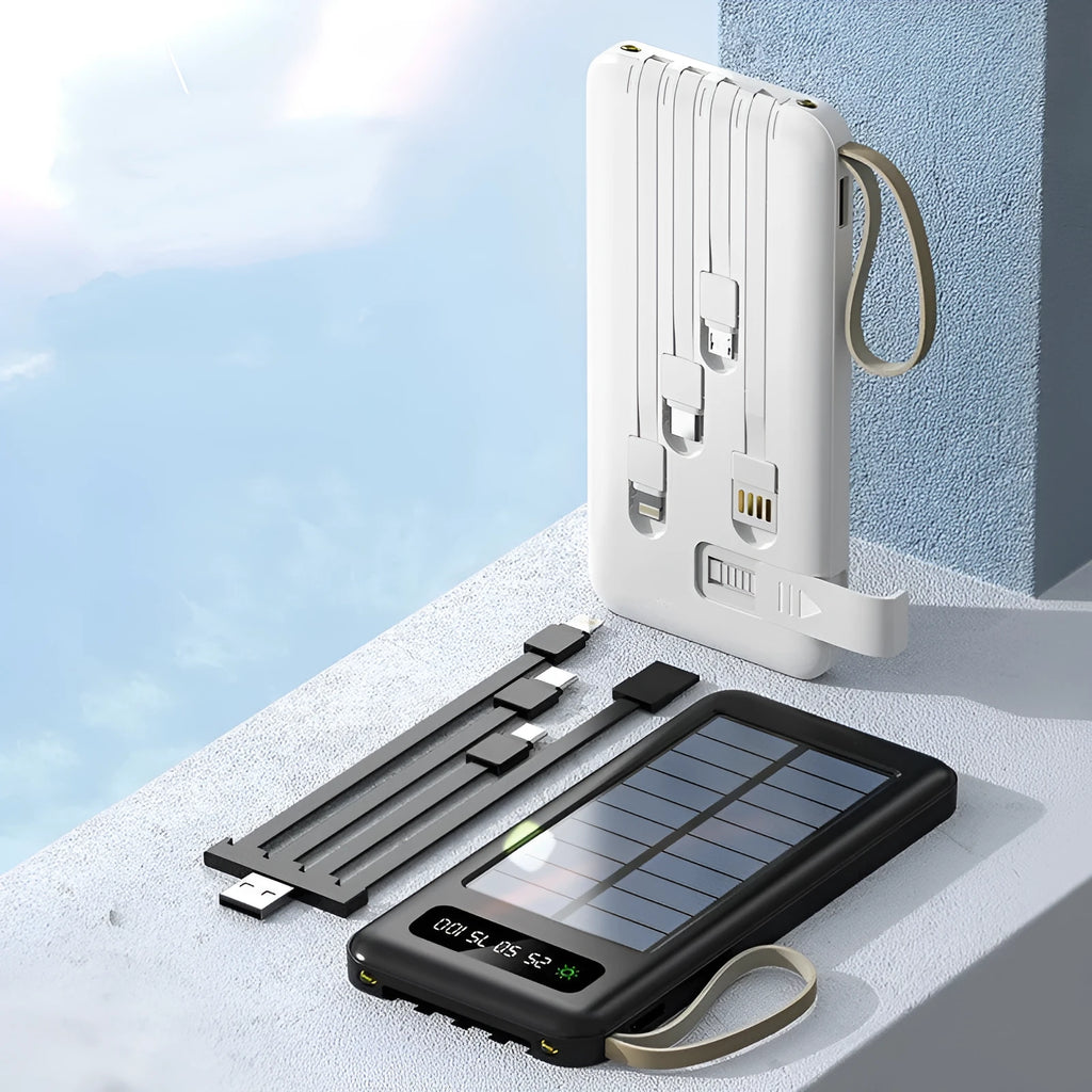 Cool black and ivory white solar power bank with integrated solar panel and multi-interface charging cable
