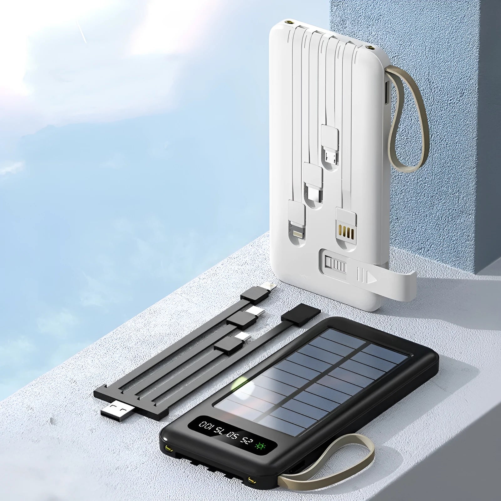 Cool black and ivory white solar power bank with integrated solar panel and multi-interface charging cable