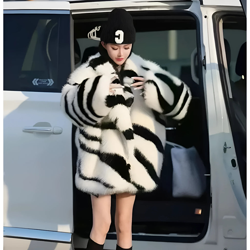 Women's zebra stripe faux fur long sleeve top with oversized collar