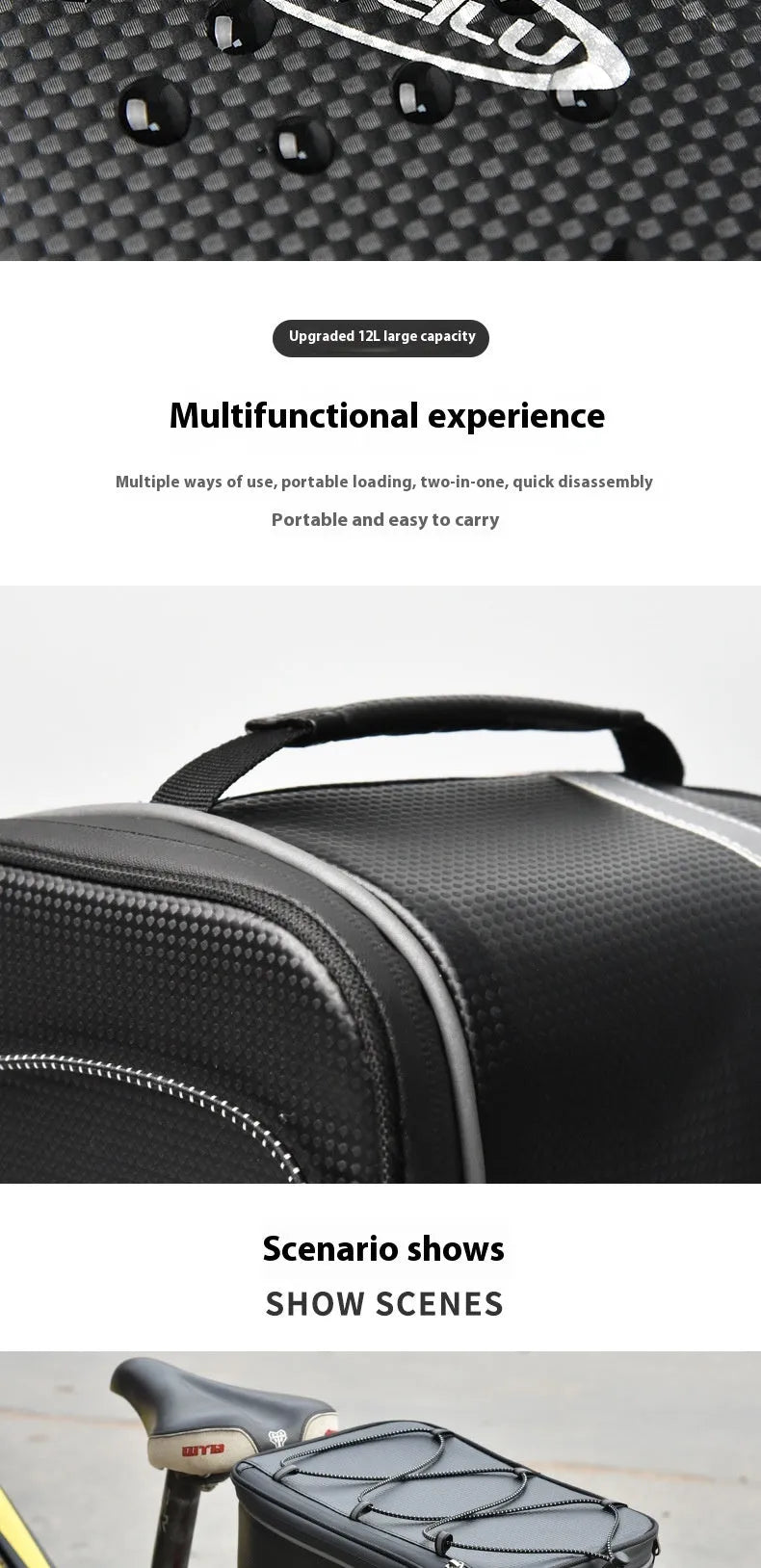 Black waterproof PU leather bicycle equipment bag with 12 litre capacity for car transport