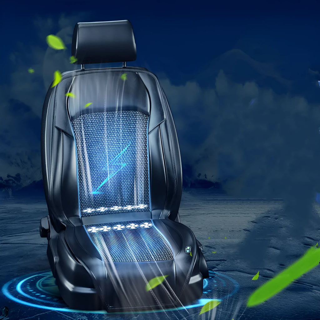 Ventilated vehicle seat cushion with cooling fans and cigarette lighter power cable in choice of colours
