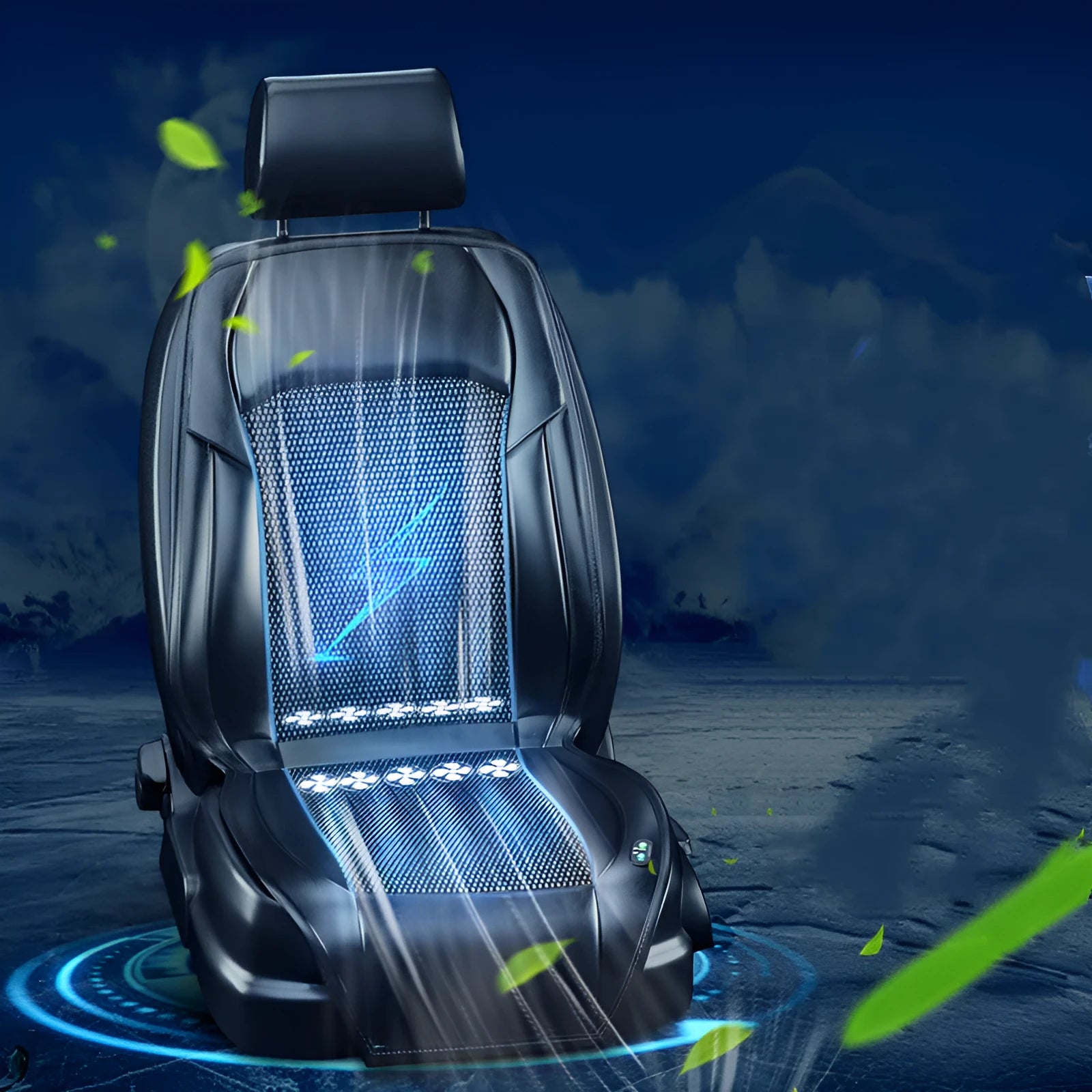 Ventilated vehicle seat cushion with cooling fans and cigarette lighter power cable in choice of colours
