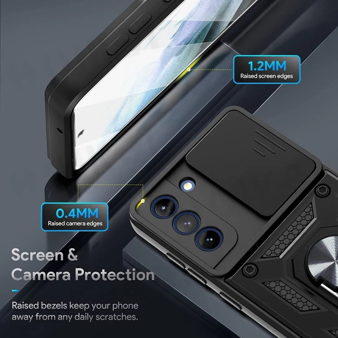 Sergeant Push Window Bracket Ring Phone Case for Samsung in Black, TPU+PC back cover with geometric design