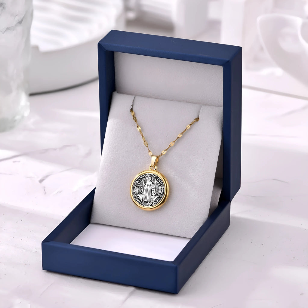 Gold electroplated St. Benedict cross pendant on alloy O-ring chain necklace
