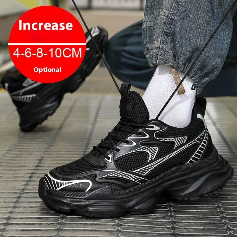 Casual breathable clunky sneakers with height-increasing insole, mesh lining, and rubber EVA PU sole in white, black, or grey.