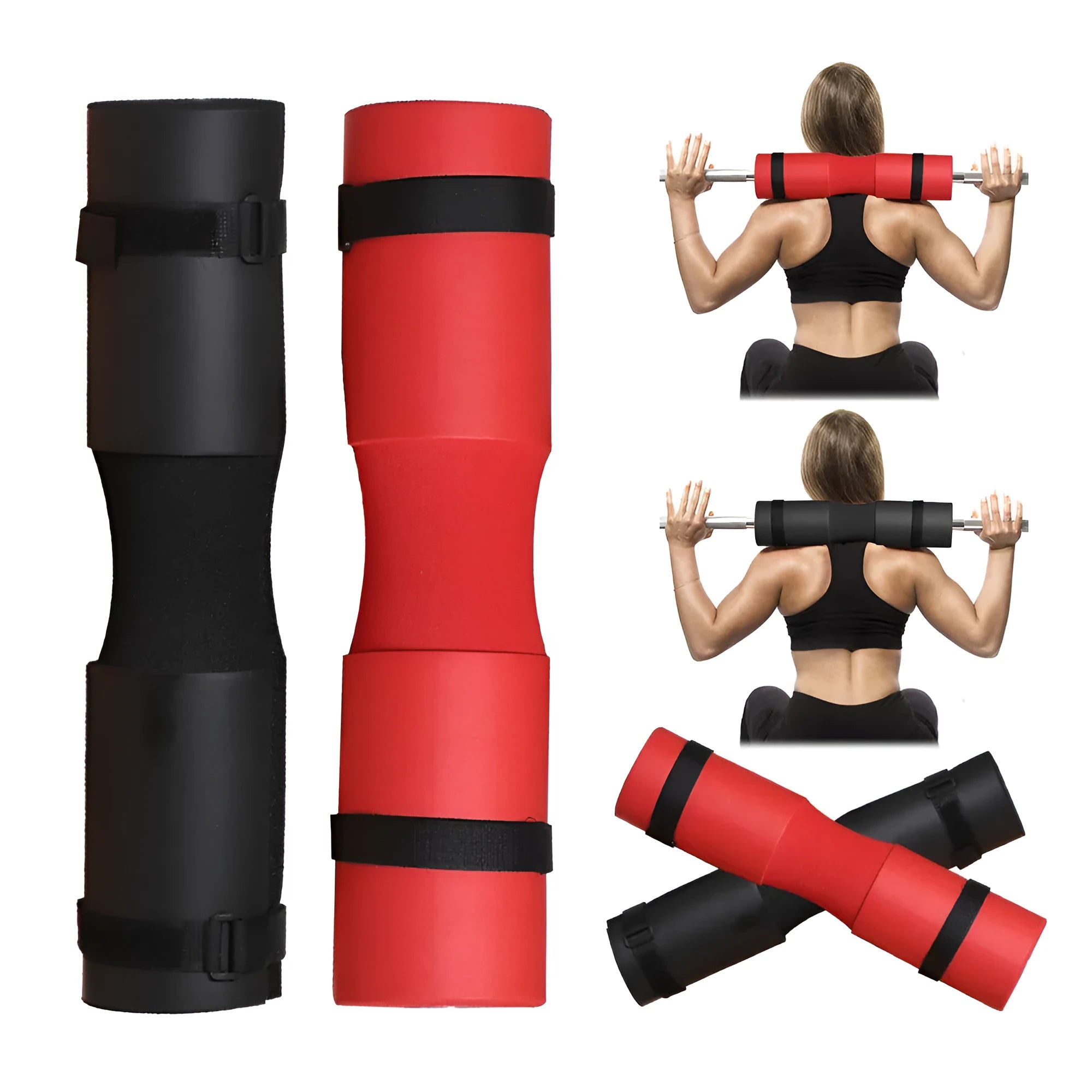Red foam barbell pad cover for squats, 45cm length, with straps, on a barbell