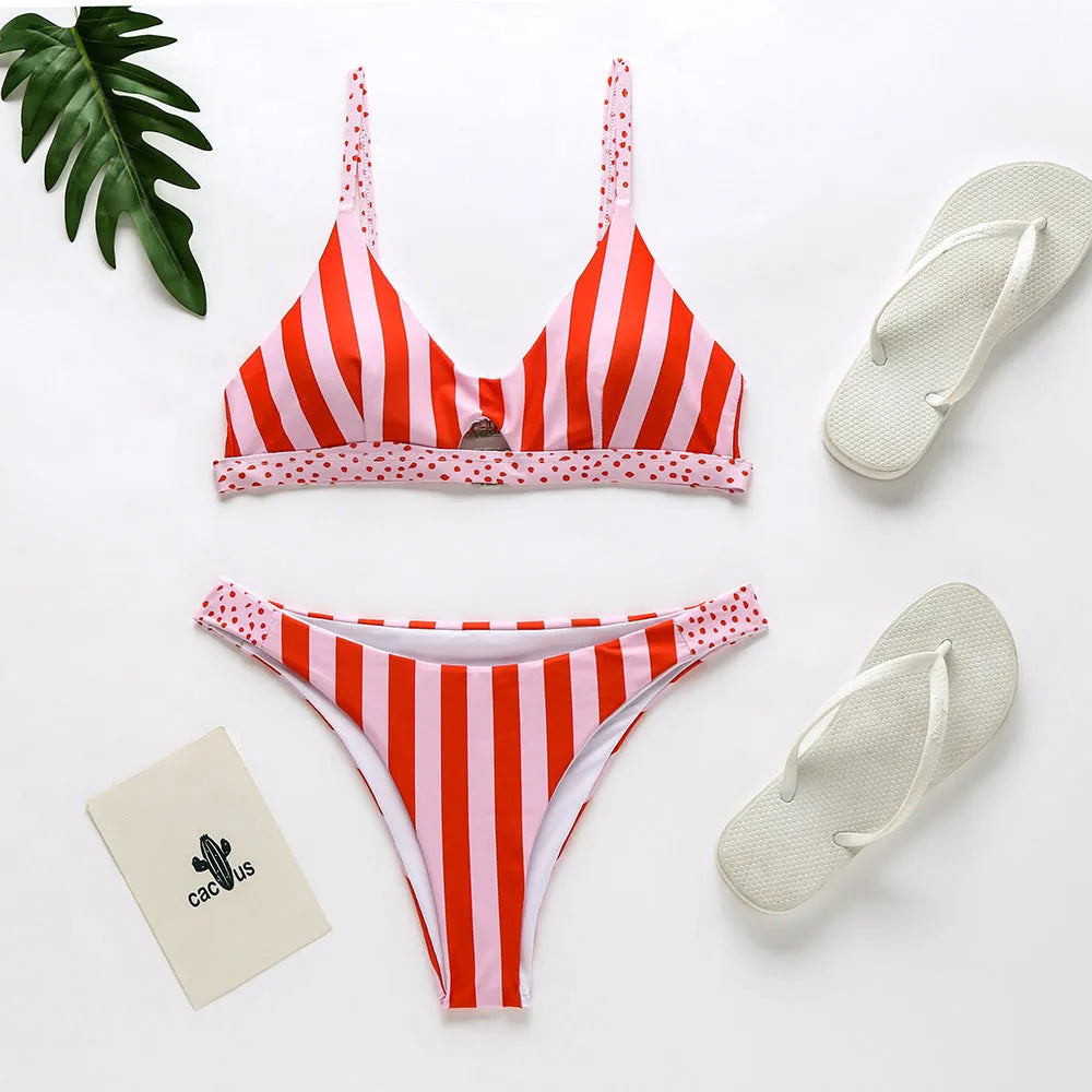 Women's adjustable-strap bikini swimsuit in red and white stripes or black and white polka dots