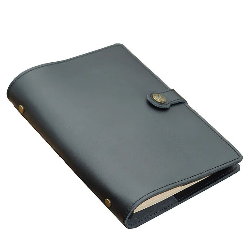 A5 genuine leather binder notebook with 100 sheets of 100gsm kraft paper, 210x140mm, in Crazy Horse Brown, Dark Green or Napa Black.