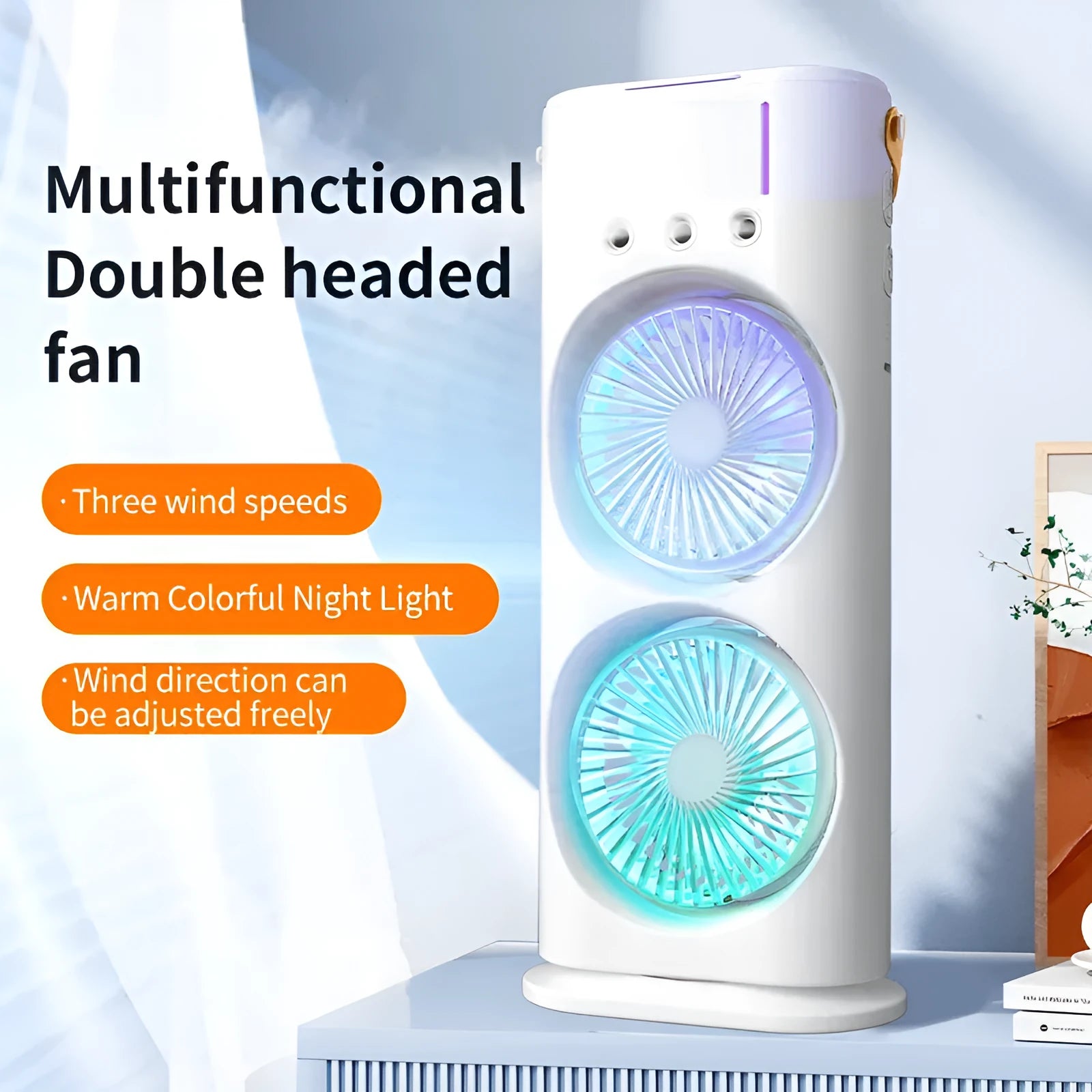 White portable humidifier fan with double heads, remote control, and USB cable